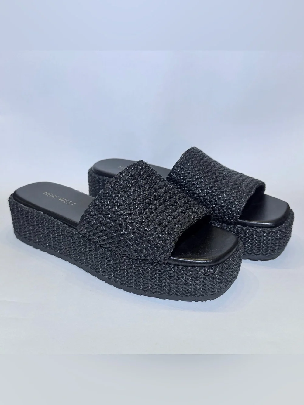 Nine West Black Woven Platform Slide Sandals - Elevated Slip-On